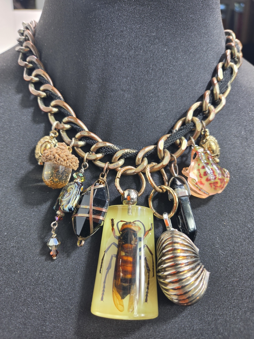Gothic 18" Whimsigoth Insect & Oddity Charm Necklace Assemblage Collage Jewelry